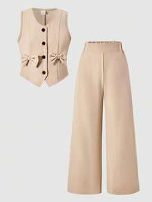 Sparklyn 2pcs/Set Tween GirlsWoven Solid Color Sleeveless Open Front Cropped Vest Jacket Paired With Wide Leg Pants Set, Decorative Bow Accent, Suitable For Spring, Summer, Autumn Casual Wear - Khaki - View 5