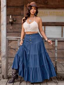 Nubod Plus Size Casual Vacation Multi-Layer Skirt Fall - Navy Blue - View 3