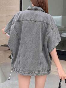EURMUSE Loose Casual Half Sleeve Denim Jacket - Grey - View 2