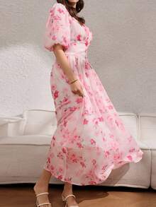 Rafferiza Women's Elegant Printed Belted A-Line Dress - Pink - View 4