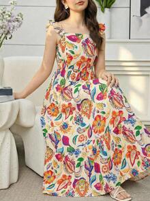 SHEIN 少女碎花印花优雅方领荷叶袖收腰长裙，春夏假日风 - 彩色 - 查看 4