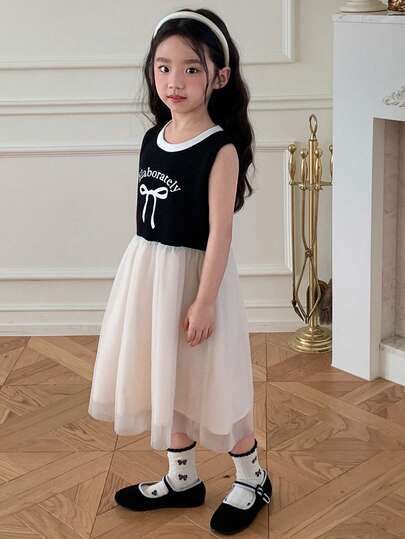 DAZY Young Girl Letter & Bow Print Mesh Hem Sleeveless Dress