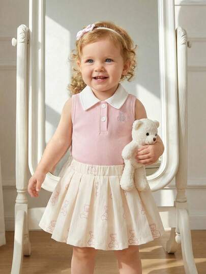 Souflis Souflis 2pcs/Set Baby Girl Spring&Summer Casual Style Bowknot-Shape Embroidery Sleeveless Top&Short Pleated Skirt