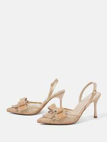 CUCCOO HITCHD Women Stylish Elegant Commuter Mesh Rhinestones Pearl Bows Decorative Pointed Pumps - Apricot - View 3