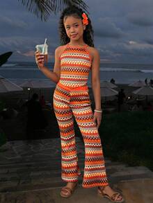 Sparklyn Tween Girls' Vacation Beach Colorful Striped Jacquard Contrast Color Tank Top + Flare Pants Set - Orange - View 2