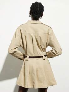 Aveloria Modichic Europäisch-amerikanischer Retro-Mode Lässig Kragen Mehrtaschen Plissee Langarm Midi Kleid - Khaki - Übersicht 2