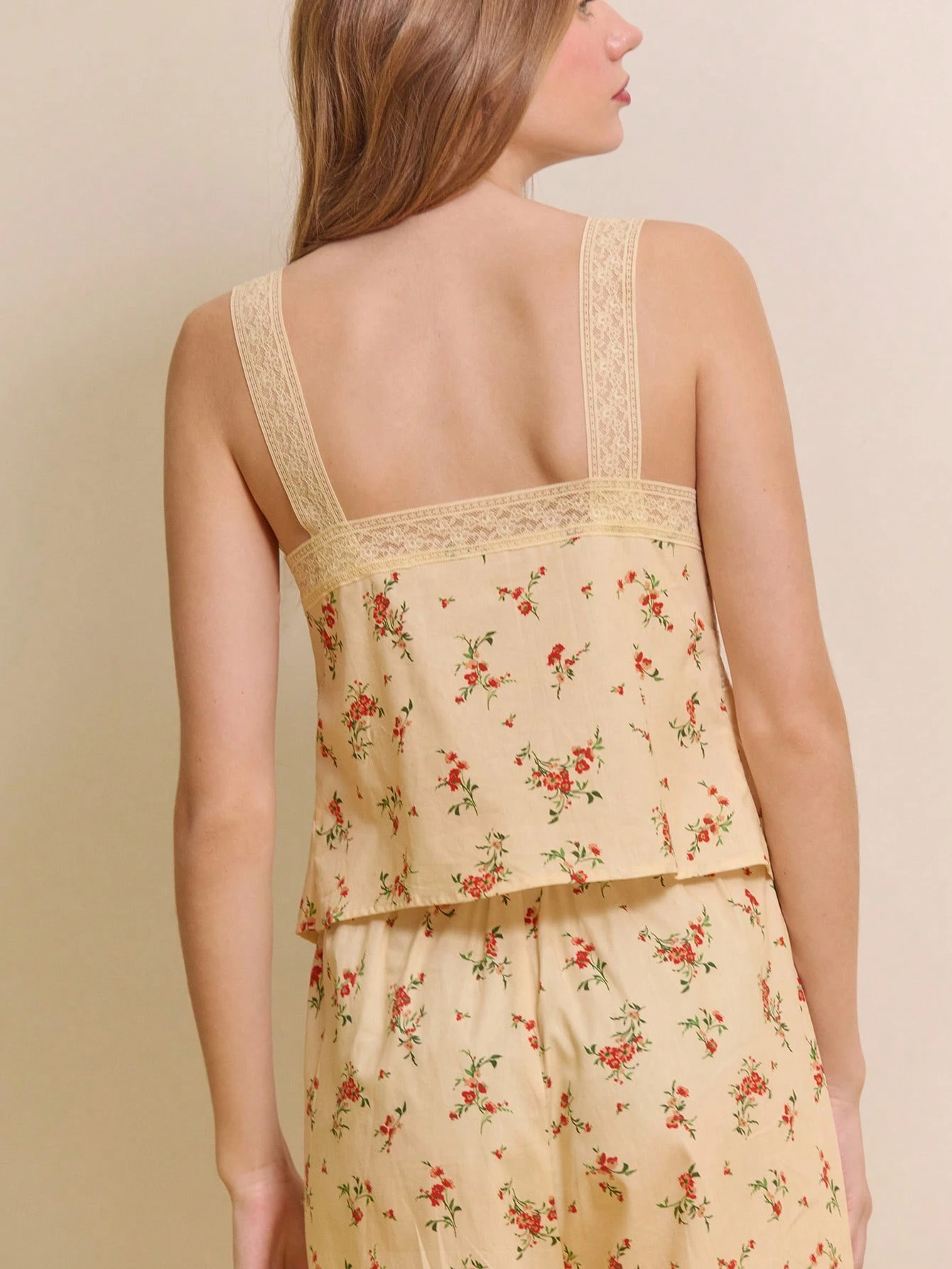 Butter Yellow Floral Print Lace Trim Cami And Trouser Cotton Pyjama Set Cosy Cute Vintage Sleepwear Set Spring Summer Cotton Sleepwear
