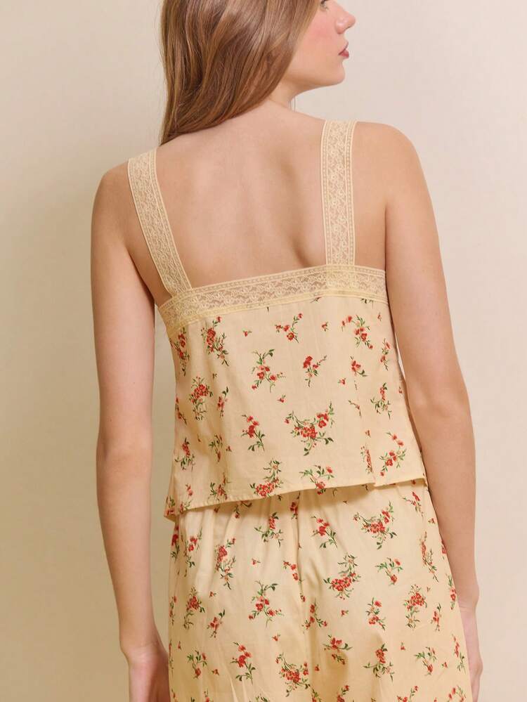 Butter Yellow Floral Print Lace Trim Cami And Trouser Cotton Pyjama Set Cosy Cute Vintage Sleepwear Set Spring Summer Cotton Sleepwear