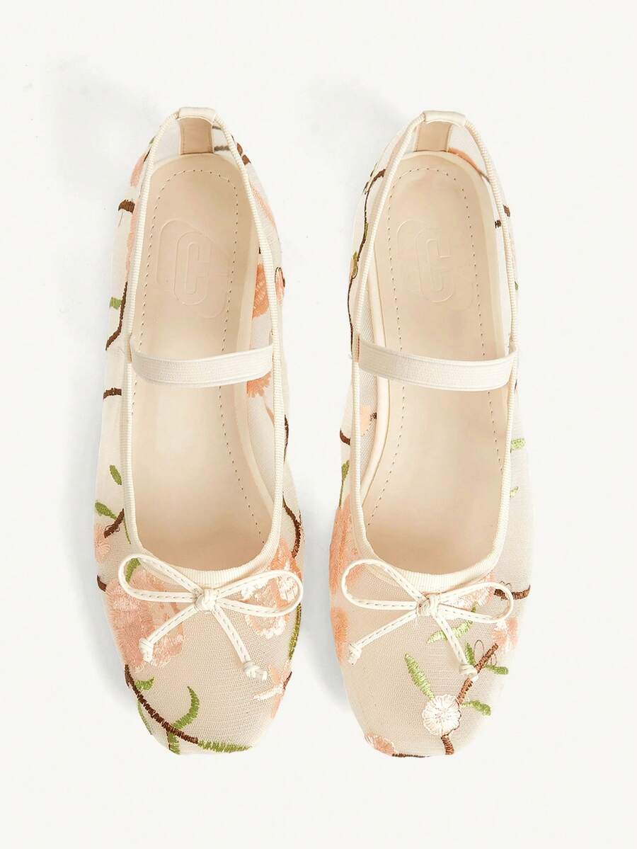 CUCCOO CHICEST 女鞋 时尚杏色蕾丝花朵网纱刺绣蝴蝶结玛丽珍透气平底鞋 可爱甜美优雅女式平底鞋 女鞋 - 杏色1 - 查看 1