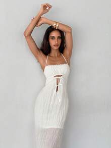 Aloruh 女士优雅系带露背雪纺纹理纯色沙滩长裙 - 杏色 - 查看 7