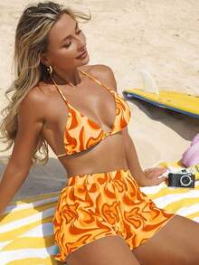 Swim Vcay Bộ bikini gợi cảm buộc dây cổ cho nữ, thích hợp mặc đi biển mùa hè, kèm quần short. - trái cam - Xem 1