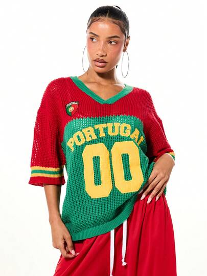 SUMWON WOMEN Portugal Flag Inspired Knitted Polo Top With V-Neck And Sporty 00 Number Print , World Cup