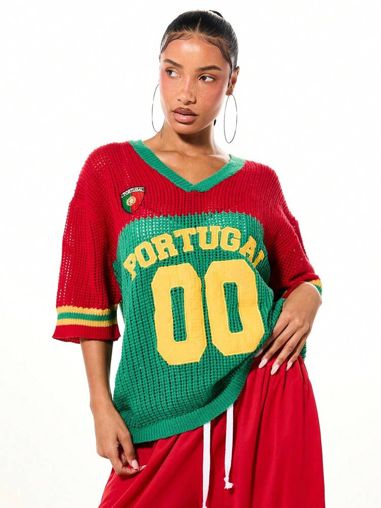 SUMWON WOMEN Portugal Knitted Polo Top With Number Print