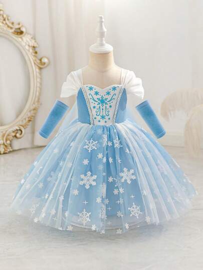 SHEIN Glamorique Kids Baby Girls' Princess Dress, For Birthday Party, Wedding, Holiday, Ball Gown, Blue Princess Dress, Snowflake Mesh, All Season, Makes Her Look Cuter And Playful, Middle East, Europe And America, With Sleeve Cuffs
