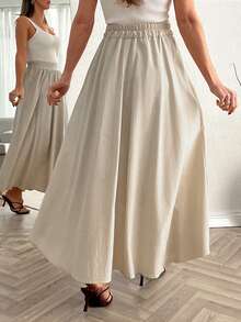 Women's Casual Flared Blue Maxi Dress With Pockets, Non-Stretchy Fabric - Beige - View 2