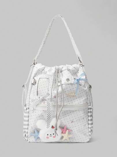 ROMWE Kawaii 时尚波点星星蝴蝶结卡通透明前袋抽绳单肩大容量单肩女包海星发卡颜色随机