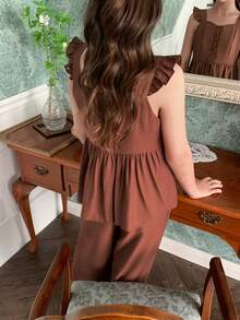 DAZY Tween Girl Solid Color Ruffle Hem Blouse And Pants Set - Brown - View 2