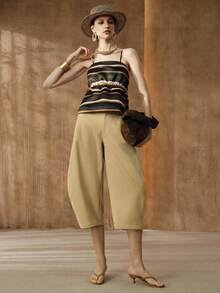 SHEIN Women's High-Waisted A-Line Wide-Leg Cropped Trousers With Belt,Khaki,Summer,Elegant Unique,Date Casual Vacation Spring Office Work Outfits Clothing - Khaki - View 2