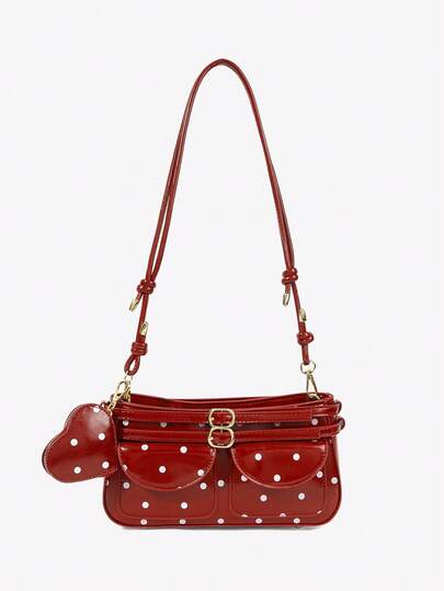 Viva Strut Ladies, Women Red And White Polka Dots Shoulder Bag, Hobo Bag, Fashionable, Personalized, Simple, Versatile, Street, Sweet And Cool Girls, Hot Girls, Y2k, Retro, Rivets, Vintage, Teenagers, For Shopping, Daily, Date