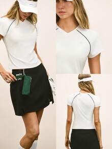 GLOWMODE Ace It Smooth Cooling Hip Length Slim Fit Contrast Piping Front Logo V-Neck Shirt Tennis Golf Pickleball Daily Casual Wear - White - View 6