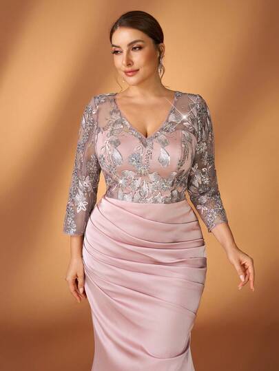 Serin Plus Size Elegant Luxurious Lotus Pink Beaded Embroidery Patchwork Elastic Knit V-Neck 3/4 Sleeve Ruched Fitted Fishtail Hem Dress, Suitable For Evening Party, Gala, Wedding, Music Festival, Mother Of The Bride