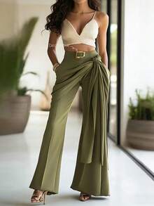 EMERY ROSE Women's Solid Color Side Knot Flare Elegant Pants - Green - View 1