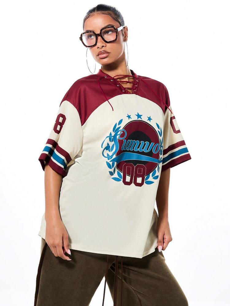 SUMWON WOMEN Lace Up Graphic Football Tee With Color Block