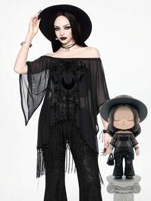 ROMWE Áo xuyên thấu trễ vai với đường viền tua rua bất đối xứng, phong cách Boho Goth màu Rừng Cấm Tối. - màu đen - Xem 7