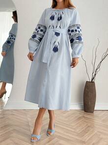 Women's Bohemian Style Casual Embroidered Tie Collar Long Sleeve Off-Shoulder Ruffle Hem Dress - Blue - View 5