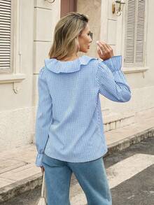 Pariaura 2025秋季新款女士V领系带格纹叠层装饰衬衫，法式优雅套头衫，长袖弹力荷叶边袖口，适合工作和休闲场合，女士秋冬新款时尚衬衫 - 藍色 - 查看 2