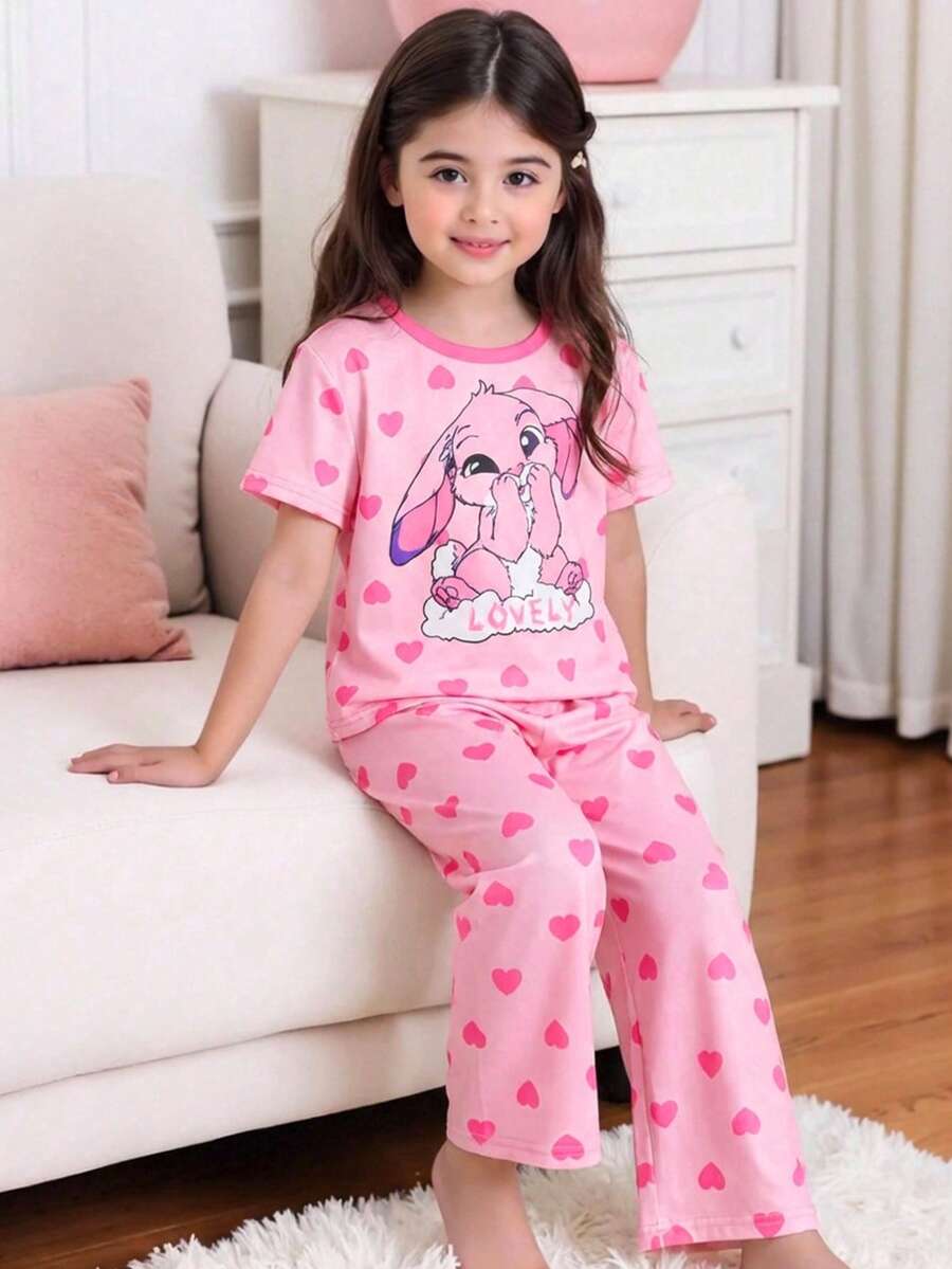 SHEIN Set de 2 piezas de pijama con camiseta de cuello redondo y pantalones con estampado de animales lindos para niña - Blanco y Negro - Ver 1