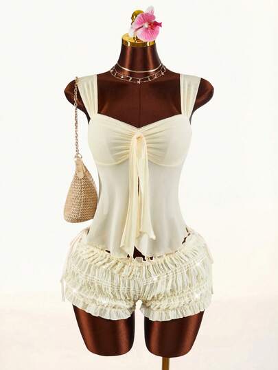 Amplova 2026 New Low-Cut Front Tie Sheer Camisole & Multi-Layer Quilted Sheer Shorts Set For Women