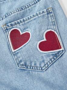 SHEIN MOD 女士心形刺绣口袋阔腿宽松休闲百搭牛仔裤 - 藍色 - 查看 6