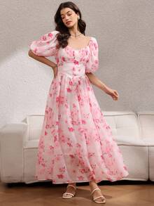 Rafferiza Women's Elegant Printed Belted A-Line Dress - Pink - View 5