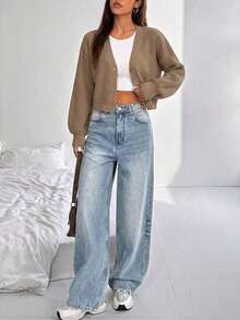 EURMUSE White Lantern Sleeve Button Front Rib Knit Cardigan - Beige - View 5