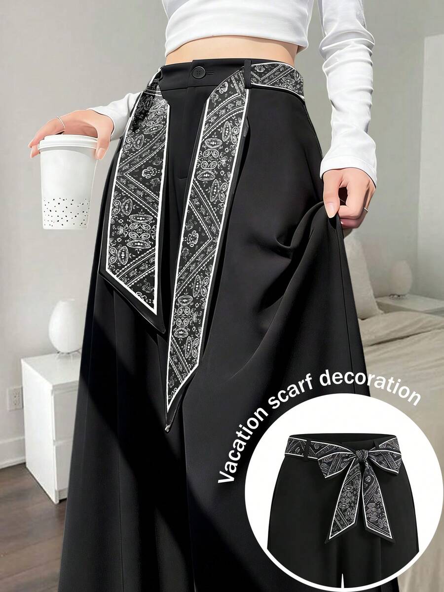 INAWLY Women's Chiffon Wide Leg Pants, Fashionable For Commuting, Daily, Home, Gathering, Leisure, Vacation - Black - View 1