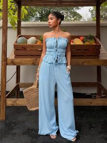 Sunnyshic Bộ 2 món dành cho nữ gồm áo cardigan ống họa tiết và quần ống đứng cạp chun, thích hợp cho mùa xuân/hè. - Màu xanh lam - Xem 3