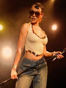 Hauture Women's Casual Sexy Crochet Beaded U-Neck Knit Top, Spring/Summer - Khaki - View 5