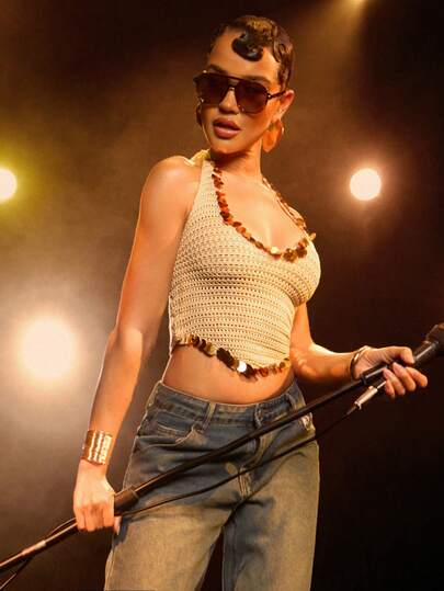 Hauture Women's Casual Sexy Crochet Beaded U-Neck Knit Top, Spring/Summer