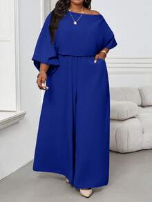 SHEIN Lady 秋冬季优雅复古工作休闲香槟色编织露肩舞会礼服主教袖露背新款大码连体裤 - 寶藍色 - 查看 7