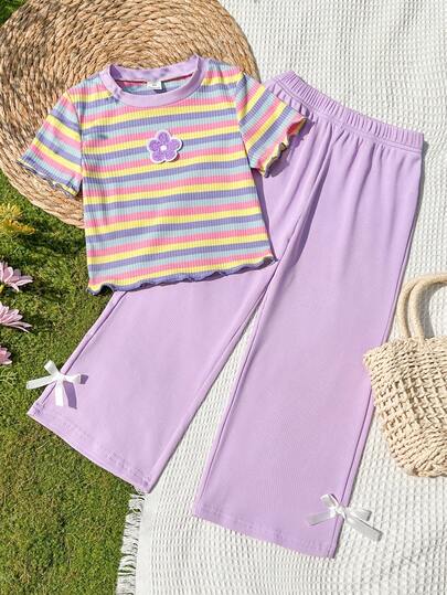 SHEIN Vintaside Kids 2件套女童（小号）纹理面料T恤，饰有3D立体花卉图案，搭配休闲裤，适合居家及休闲外出穿着