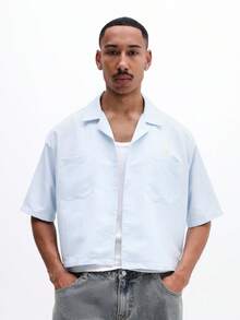 SUMWON Men's Crop Fit Striped Button Down Shirt With Capri Italia Back Print Short Sleeve Summer Mediterranean Coastal Vacation Style - Baby Blue - View 2