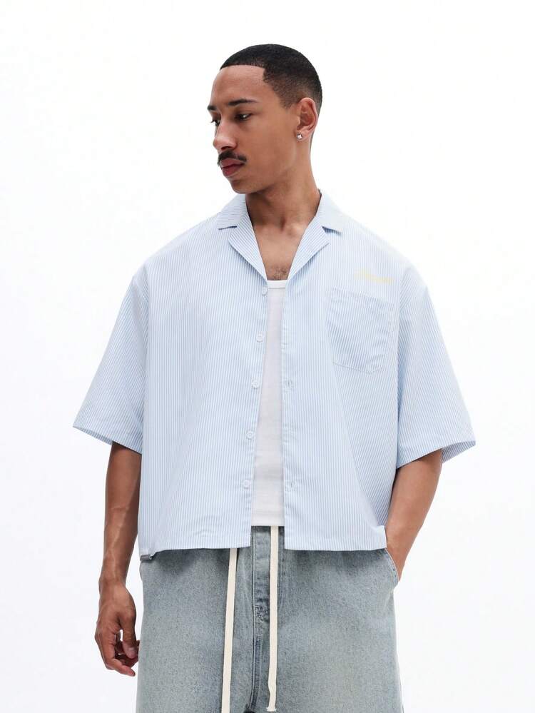 Men's Boxy Fit Stripe Resort Shirt With Tropical Fruit Back Graphics Short Sleeve Button Up Casual Summer Vacation Shirt