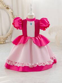 SHEIN Glamorique Kids Young Girl' Princess Dress,Satin Puff Sleeve Blush Pink Summer First Birthday Formal Dress With Pearl Ribbon,Gems,Lace Trim,Kids Party Wedding Outfits - Hot Pink - View 6