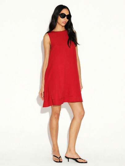 KSTM Vestido mini rojo de línea A sin mangas con detalle de abertura en la espalda y bolsillos para ocasiones casuales de verano