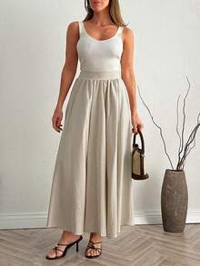 Women's Casual Flared Blue Maxi Dress With Pockets, Non-Stretchy Fabric - Beige - View 3