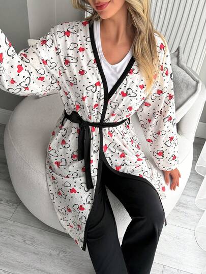 SHEIN Women Cotton 3 Pcs Plaid Pattern With Contrast Colour Piping Detail Belted Robe&Round Neck Plaid Heart Pattern Detail Short Sleeved Shirt & Long Pants Homewear Comfort Casual Lounge Pajama Set Moo Moo For Women Sleeping Wear Plus Size Sleep Wear Plus Size Loungewear 3 Piece Pajama Set Sleepwear 3 Pieces Pajamas Set