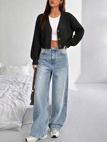 EURMUSE White Lantern Sleeve Button Front Rib Knit Cardigan - Black - View 5