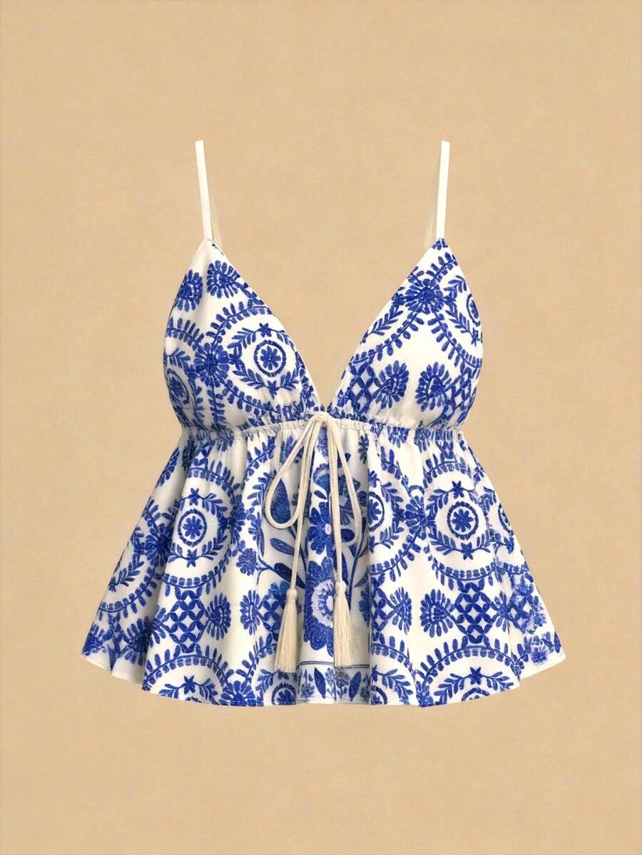 SHEIN TRVLCHIC 女士撞色印花吊带背心，适合度假休闲穿着，夏季假期、春假、派对、海滩、春季、情人节、女士情人节礼物、狂欢节服装，优雅，花卉图案，适合春夏季节、派对、夏季上衣、情人节上衣、婚礼宾客上衣、生日上衣、派对上衣、优雅女士上衣、花卉上衣、夏季上衣、狂欢节服装、墨西哥风情波西米亚风女士上衣 - 藍白色 - 查看 1