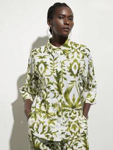 Aveloria Modichic White & Green Contrast Color Ikat Print 2 Pieces Set, Loose Fit Batwing Blouse And Straight Leg Pants, Casual Resort Boho Chic - Green - View 6
